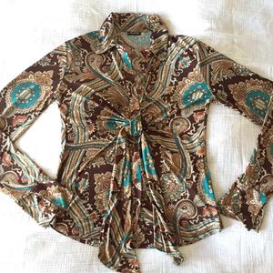 Paisley front tie silky blouse